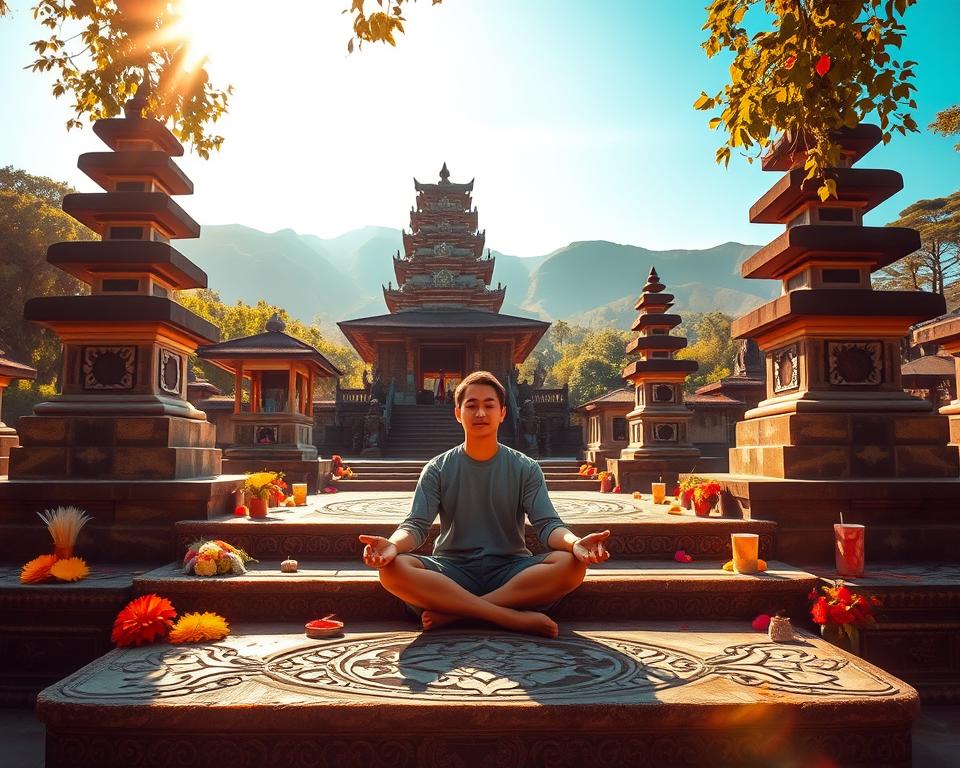 A serene spiritual preparation scene set within the sacred Besakih Temple in Bali. In the foreground, a peaceful individual dressed in modest, casual clothing sits in a meditative pose on intricately carved stone steps, surrounded by vibrant offerings of flowers and incense. The middle ground showcases the temple’s majestic structure with ornate Balinese architecture, decorated with beautiful statues and lush greenery. In the background, rolling hills under a clear blue sky enhance the feeling of tranquility and connection to nature. Warm, golden light filters through the trees, casting gentle shadows and illuminating the scene with a calming glow. The atmosphere conveys deep introspection, peace, and a sense of spiritual awakening.
