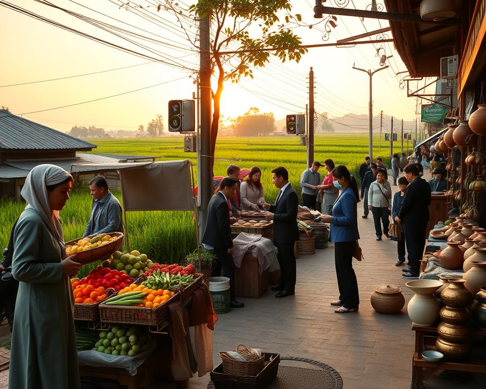 A serene street scene in Northern Vietnam, showcasing a traditional market bustling with activity. In the foreground, a vendor wearing modest casual clothing sells colorful fruits and vegetables, while customers, also in professional attire, engage respectfully with traditional customs. In the middle ground, local artisans display handcrafted pottery and textiles, emphasizing the rich cultural heritage. The background reveals lush green rice paddies under a soft, golden sunset, evoking a warm and inviting atmosphere. The image is captured with a wide-angle lens to encompass the vibrancy of the market, with soft, diffused lighting highlighting the textures and colors of the scene. The mood is peaceful yet lively, reflecting the importance of etiquette and respect in everyday interactions.