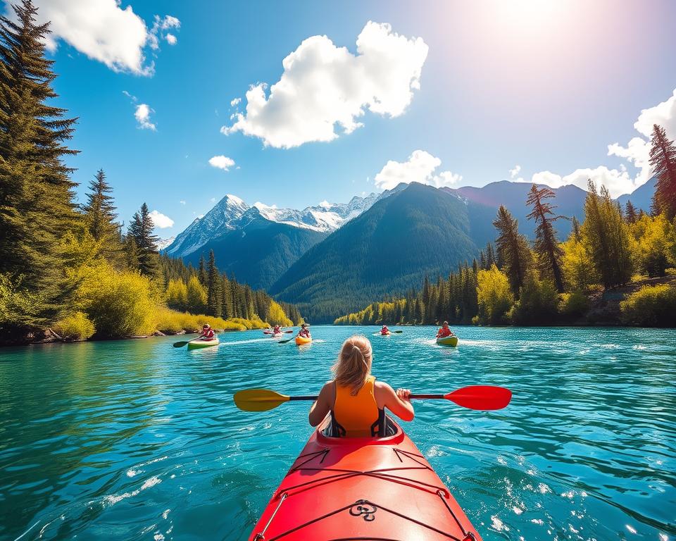 A serene summer scene depicting kayaking on the Columbia River, surrounded by the majestic mountains of Revelstoke National Park. In the foreground, a kayaker in a vibrant red kayak gracefully paddles through the clear, blue water, wearing a light life jacket and casual outdoor clothing. In the middle ground, lush green banks filled with trees frame the river, while several colorful kayaks are visible, creating a sense of activity and community. The background showcases stunning, snow-capped peaks under a bright blue sky, with fluffy white clouds scattered above. Soft sunlight filters through the trees, casting playful shadows on the water's surface, creating a tranquil and inviting atmosphere that highlights the beauty of outdoor water sports. The composition is balanced and vibrant, evoking a sense of adventure and harmony with nature.