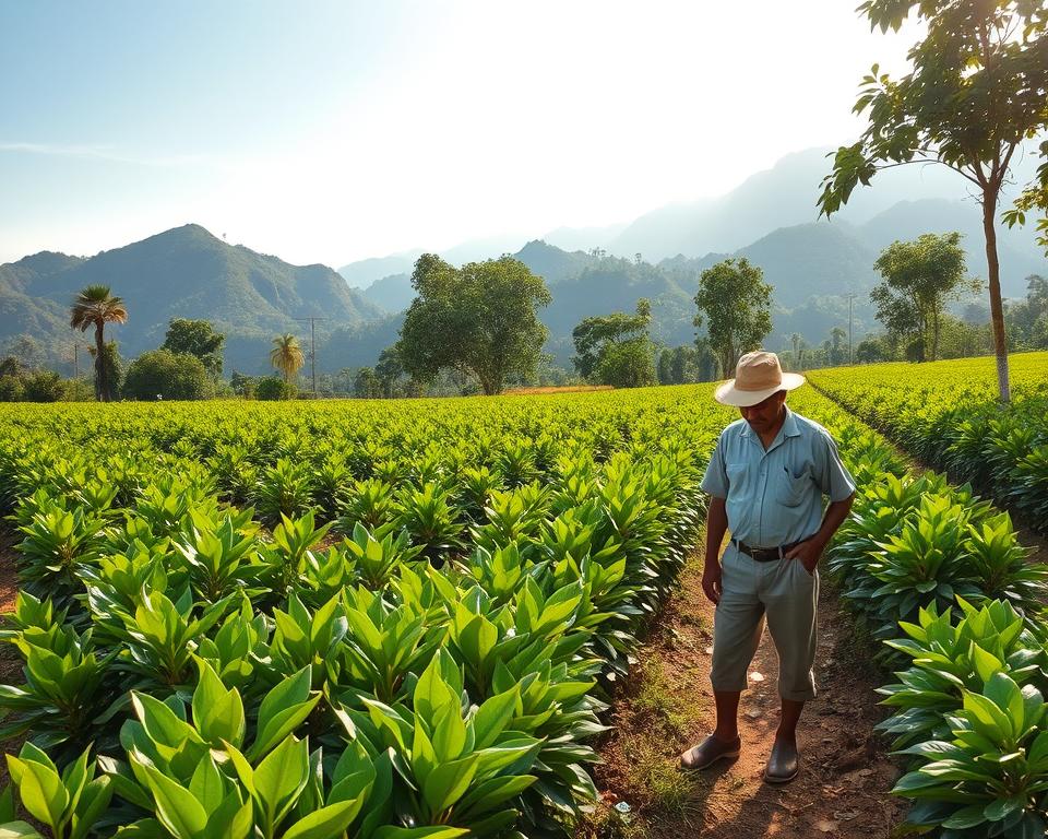 A serene, sustainable coffee farm in Tobasee, Sumatra, showcasing lush green coffee plants growing under dappled sunlight. In the foreground, a farmer in modest, casual clothing carefully tends to the coffee bushes, emphasizing ethical agricultural practices. The middle ground features rows of coffee plants, interspersed with native shade trees to highlight biodiversity. In the background, the majestic hills of Sumatra rise dramatically, shrouded in mist, adding depth to the scene. The lighting is warm and natural, evoking a peaceful, eco-friendly atmosphere. The composition captures the essence of sustainability and ethical trade in coffee farming, with a focus on harmony between the environment and agriculture. A serene, sustainable coffee farm in Tobasee, Sumatra, showcasing lush green coffee plants growing under dappled sunlight. In the foreground, a farmer in modest, casual clothing carefully tends to the coffee bushes, emphasizing ethical agricultural practices. The middle ground features rows of coffee plants, interspersed with native shade trees to highlight biodiversity. In the background, the majestic hills of Sumatra rise dramatically, shrouded in mist, adding depth to the scene. The lighting is warm and natural, evoking a peaceful, eco-friendly atmosphere. The composition captures the essence of sustainability and ethical trade in coffee farming, with a focus on harmony between the environment and agriculture.