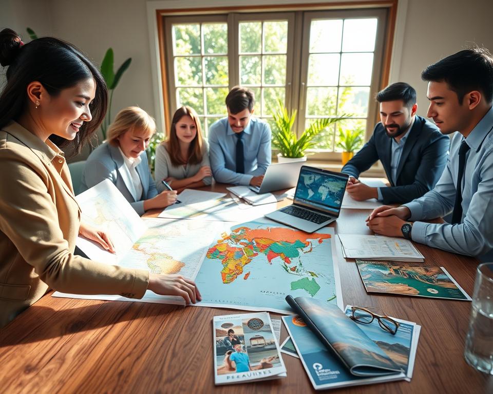 A serene travel planning scene depicting a diverse group of individuals in professional attire gathered around a large, rustic wooden table covered with maps, travel brochures, and a laptop showing destination highlights. In the foreground, a woman points at a vibrant map featuring the top 10 most beautiful countries, while a man actively takes notes. The middle ground showcases various travel materials with colorful images of stunning landscapes. In the background, sunlit windows reveal lush greenery, symbolizing adventure and exploration. The atmosphere is warm and collaborative, with soft, inviting lighting casting gentle shadows. The image captures the essence of thoughtful selection criteria for travel destinations, focusing on beauty, culture, and adventure. Use a wide-angle lens for a cozy yet expansive feel.