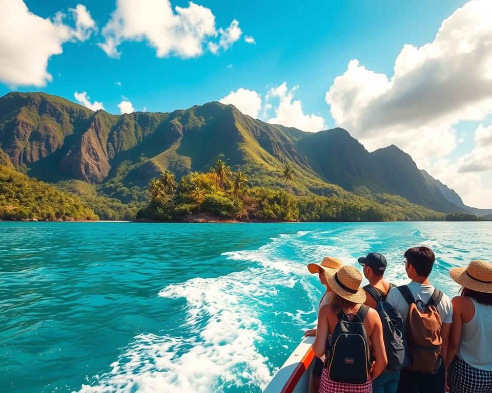 A serene travel scene depicting the approach to Loh Liang Komodo National Park, showcasing a vibrant boat slicing through crystal-clear turquoise waters. In the foreground, a small group of diverse travelers dressed in casual, modest clothing, including backpacks and hats, gaze in excitement as they approach the exotic island. The middle ground reveals lush, green forested hills of Komodo Island rising majestically, dotted with palm trees and tropical flora. In the background, dramatic cliffs lead up to volcanic formations under a bright blue sky with fluffy white clouds, capturing the park's natural beauty. Soft, warm sunlight casts gentle shadows, creating a welcoming and adventurous atmosphere, inviting German travelers to explore this UNESCO World Heritage site. A serene travel scene depicting the approach to Loh Liang Komodo National Park, showcasing a vibrant boat slicing through crystal-clear turquoise waters. In the foreground, a small group of diverse travelers dressed in casual, modest clothing, including backpacks and hats, gaze in excitement as they approach the exotic island. The middle ground reveals lush, green forested hills of Komodo Island rising majestically, dotted with palm trees and tropical flora. In the background, dramatic cliffs lead up to volcanic formations under a bright blue sky with fluffy white clouds, capturing the park's natural beauty. Soft, warm sunlight casts gentle shadows, creating a welcoming and adventurous atmosphere, inviting German travelers to explore this UNESCO World Heritage site.