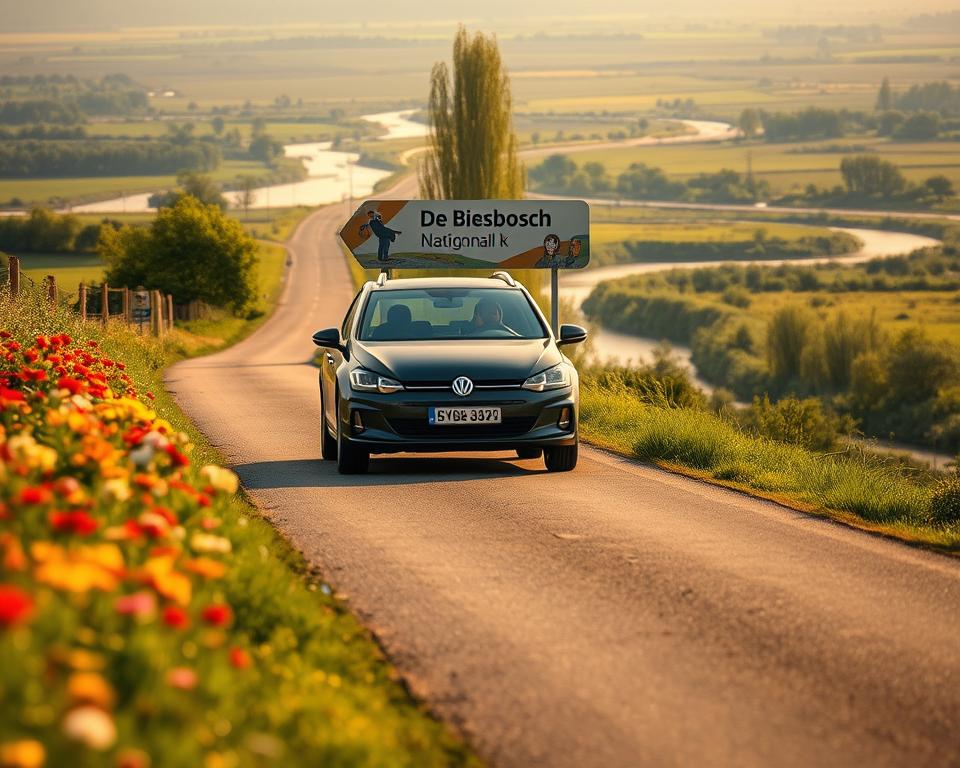 A serene travel scene depicting the journey from Germany to the De Biesbosch National Park. In the foreground, a well-worn road lined with colorful summer flowers, hinting at a warm sunny day. Midway, a charming car with family members in modest casual clothing enthusiastically pointing towards a scenic sign directing to the park. The background features lush green landscapes, winding rivers, and the iconic willows of De Biesbosch, all bathed in soft golden hour light, creating a warm and inviting atmosphere. The scene is captured from a slightly elevated angle, highlighting the natural beauty and rich textures of the environment, conveying a sense of adventure and discovery.
