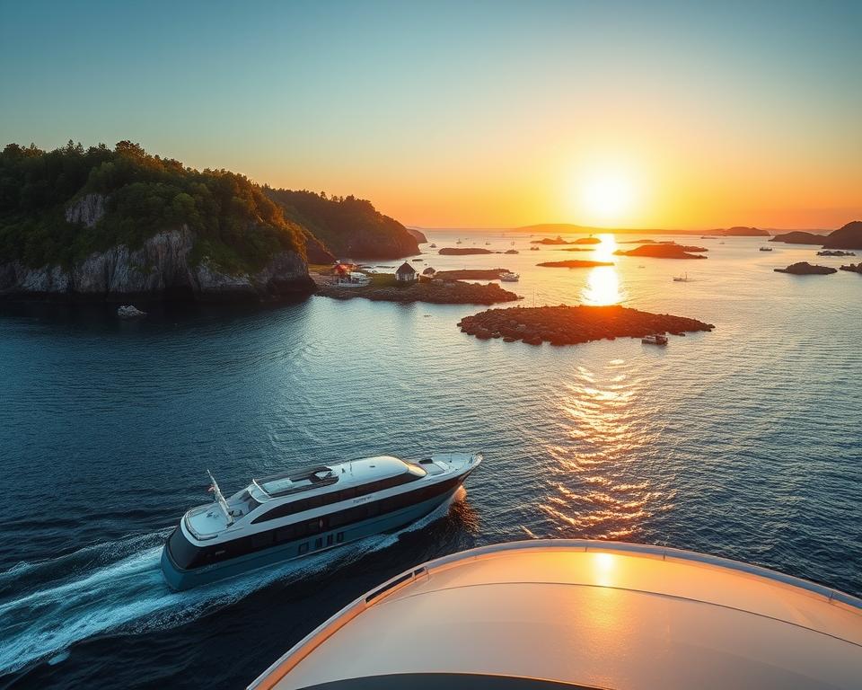 A serene travel scene depicting the journey to the Swedish archipelago from Germany. In the foreground, a sleek, modern ferry glides smoothly across calm, blue waters as it approaches coastal cliffs adorned with lush greenery. In the middle ground, a picturesque view of the archipelago reveals scattered rocky islands dotted with quaint wooden cabins and boats gently bobbing in their moorings. In the background, the sun sets over the horizon, casting a warm golden glow that reflects off the water's surface. The atmosphere is tranquil and inviting, evoking a sense of adventure and relaxation. The image is captured with a wide-angle lens, emphasizing the expansive seascape, and the lighting is soft yet vibrant, creating an enchanting ambiance.