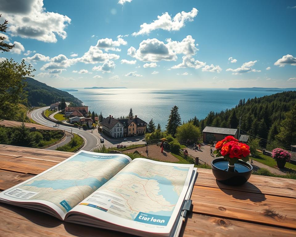 A serene travel scene depicting the journey to the White Sea from Germany. In the foreground, a well-organized travel guide, complete with maps and travel essentials, is resting on a rustic wooden table. In the middle ground, a scenic view unfolds featuring winding roads and picturesque villages that travelers might pass through. A cozy café adorned with vibrant flowers invites visitors to take a break. The background showcases the shimmering waters of the White Sea, framed by lush green forests under a bright blue sky with scattered fluffy clouds. Soft sunlight bathes the landscape, creating a warm and inviting atmosphere. The perspective is slightly elevated, offering a panoramic view of the route to the sea, emphasizing adventure and discovery. A serene travel scene depicting the journey to the White Sea from Germany. In the foreground, a well-organized travel guide, complete with maps and travel essentials, is resting on a rustic wooden table. In the middle ground, a scenic view unfolds featuring winding roads and picturesque villages that travelers might pass through. A cozy café adorned with vibrant flowers invites visitors to take a break. The background showcases the shimmering waters of the White Sea, framed by lush green forests under a bright blue sky with scattered fluffy clouds. Soft sunlight bathes the landscape, creating a warm and inviting atmosphere. The perspective is slightly elevated, offering a panoramic view of the route to the sea, emphasizing adventure and discovery.