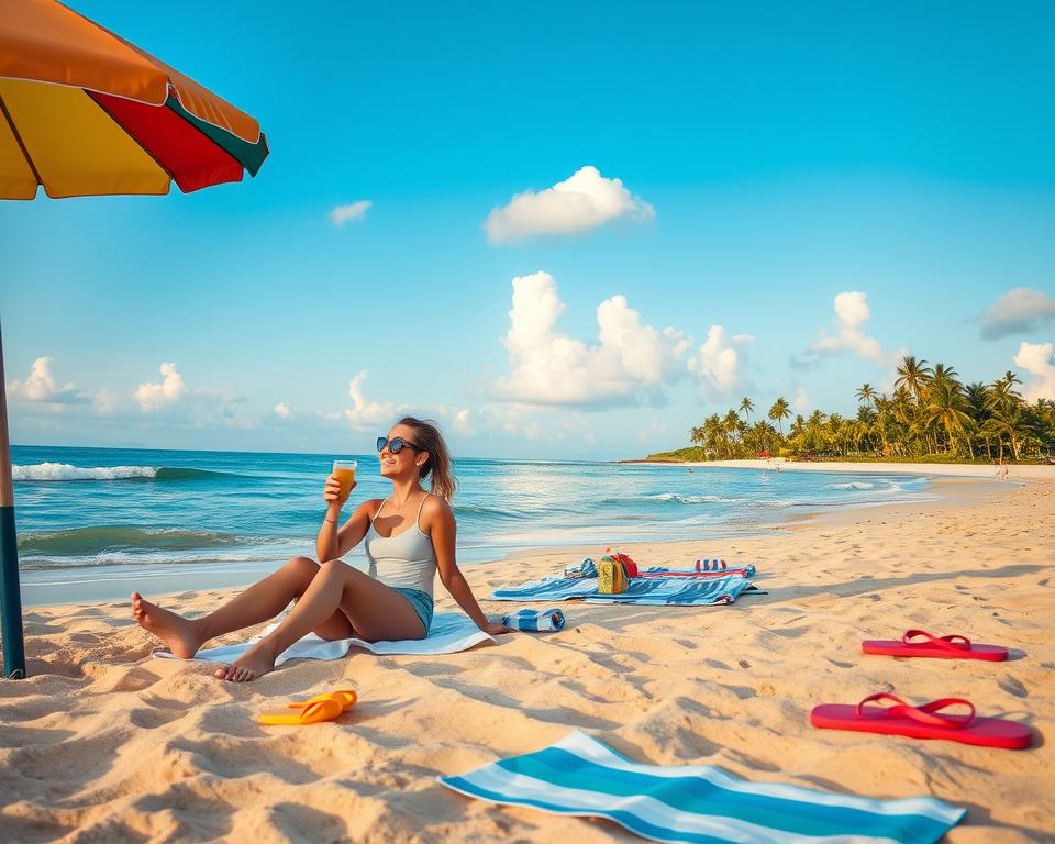 A serene travel scene illustrating "Wohlfühlklima" in a picturesque beach destination. In the foreground, a couple in modest casual clothing relaxes under a colorful beach umbrella, sipping refreshing drinks and smiling at each other. In the middle, soft waves gently lap at the shore, with a variety of beach towels and colorful flip-flops scattered on the warm sand. The background features a clear blue sky dotted with fluffy white clouds and distant palm trees swaying in a light breeze, creating a peaceful atmosphere. Use golden hour lighting for a warm glow, focusing on soft natural light to enhance the inviting mood. The angle should provide a sweeping view of the beach, showcasing the relaxing elements of a perfect getaway, evoking a sense of calm and happiness.