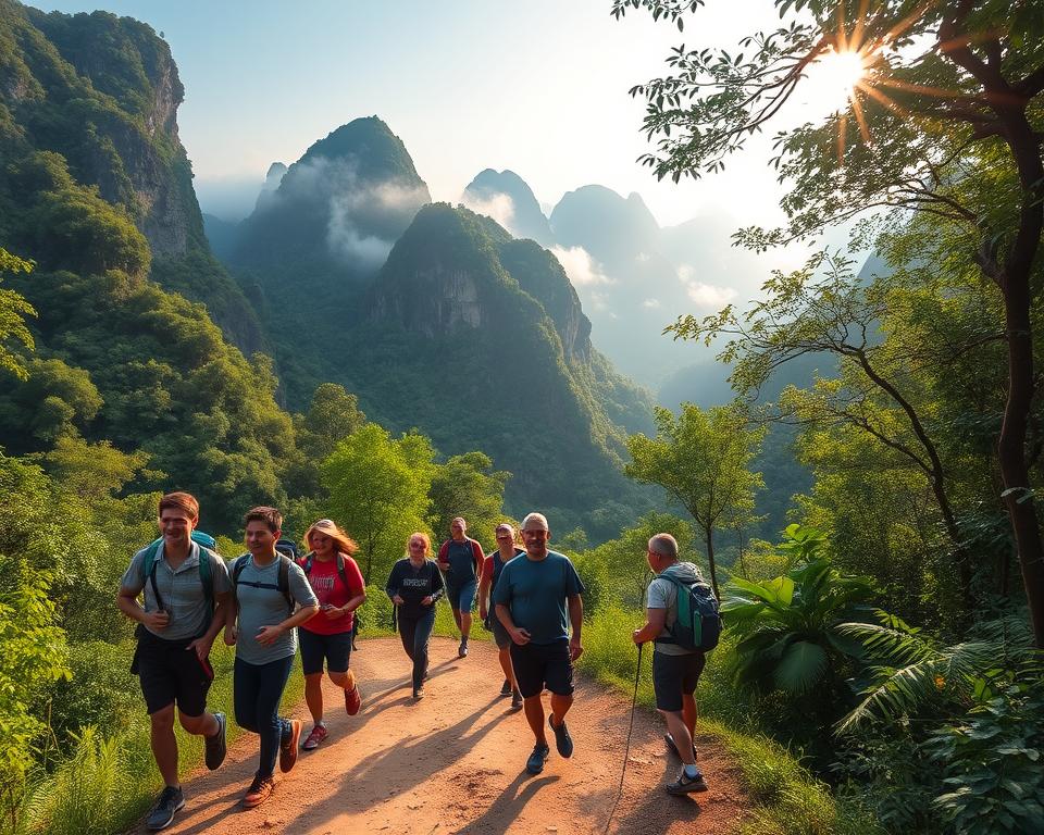 A serene trekking scene in Phong Nha-Ke Bang Nationalpark, Vietnam, showcasing lush green mountains and dense tropical forests. In the foreground, a diverse group of trekkers in modest, casual hiking attire are walking along a winding dirt trail, their expressions filled with excitement and determination. The middle ground features towering limestone karsts and vibrant foliage, while the background reveals dramatic cliffs shrouded in mist, under a soft blue sky. Golden sunlight filters through the tree canopy, creating dappled light patterns on the forest floor. The atmosphere is peaceful yet adventurous, inviting viewers to experience the beauty of Vietnam’s nature. The image captures a dynamic wide-angle perspective to emphasize the grandeur of the landscape and the journey ahead.