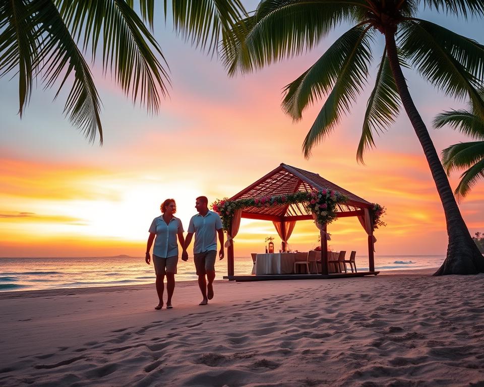 A serene tropical beach at sunset, framed by lush green palm trees, serves as the foreground. A couple in modest, casual summer attire walks hand-in-hand along the shore, their footprints trailing in the soft sand, symbolizing harmony with nature. In the middle ground, a small eco-friendly bamboo gazebo adorned with flowers is set up for a romantic dinner, with glowing lanterns casting warm, inviting light. The background features a vibrant sky blending orange and pink hues, reflecting the eco-tourism essence of sustainable travel. The mood is tranquil and romantic, evoking a sense of adventure and mindfulness. Capture the scene with a soft focus, using a wide-angle lens to encompass the beauty of nature and love in harmony, ensuring a dreamy atmosphere without any distractions like text or watermarks.