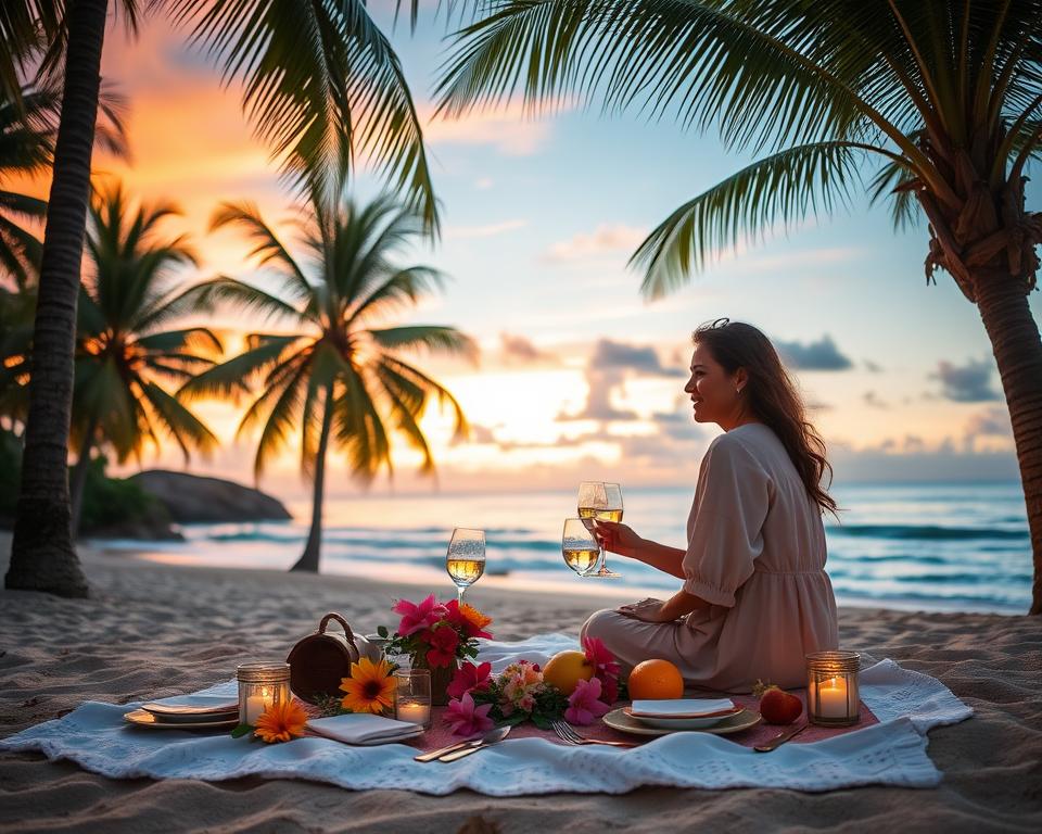 A serene tropical beach setting at sunset, with golden and pink hues illuminating the sky. In the foreground, a romantic picnic setup featuring a beautifully arranged blanket adorned with elegant tableware, surrounded by exotic flowers and tropical fruits. A couple in modest, stylish outfits enjoys the moment, sitting together, smiling, and toasting with fluted glasses. In the middle ground, gently swaying palm trees frame the scene, while a distant view of calm waves enhances the tranquil atmosphere. The background showcases a breathtaking ocean view with soft waves lapping at the shore, creating a peaceful backdrop. Soft, warm lighting adds to the romantic, dreamy mood, suggesting a perfect honeymoon getaway.