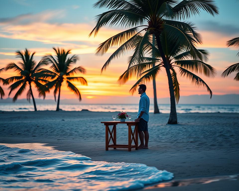 A serene tropical beach setting during sunset, showcasing a couple in modest casual clothing, enjoying their honeymoon. In the foreground, soft waves lap against the shore, with a small wooden table set for two, adorned with a simple flower arrangement. The middle ground features lush palm trees swaying gently in the breeze, framing the couple and the table. In the background, vibrant oranges and pinks of the sunset blend seamlessly into a calming blue sky, creating a romantic atmosphere. The image is well-lit with soft, warm lighting that enhances the colors of the scene. Captured from a slightly elevated angle to encapsulate the beauty of the beach and the couple's intimate moment, this scene evokes feelings of love and adventure.