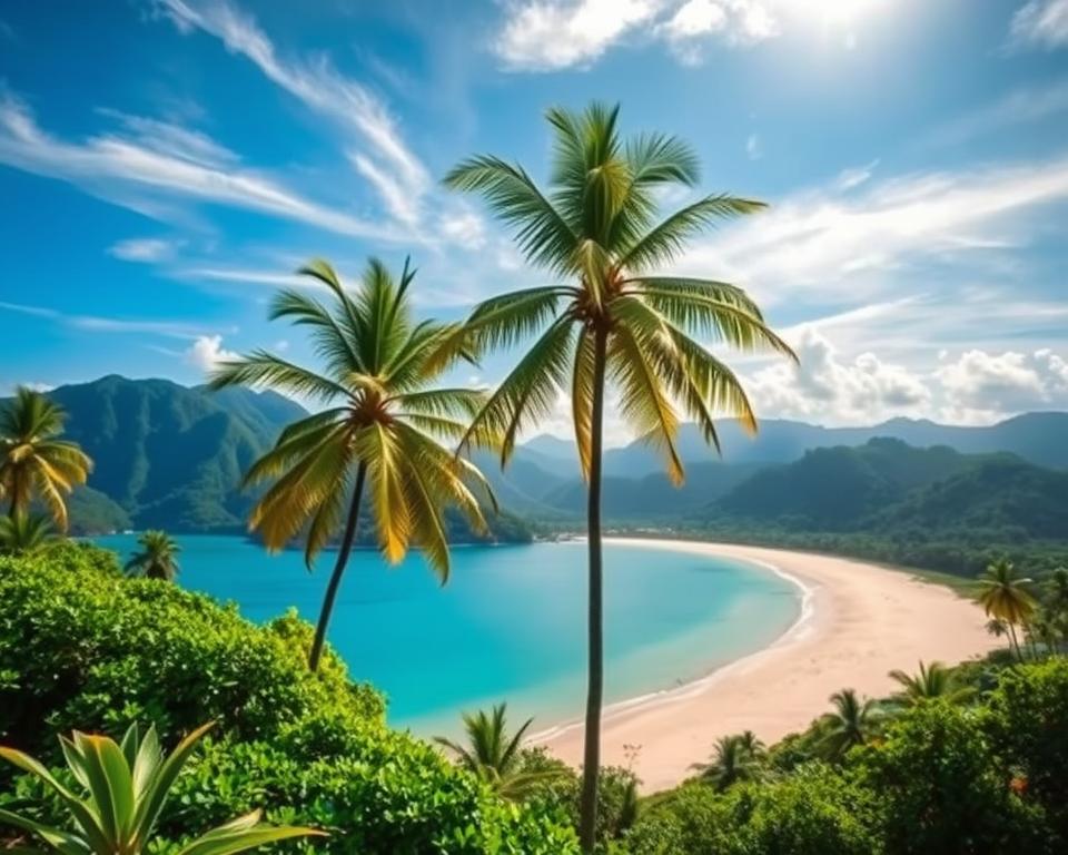A serene tropical landscape depicting Pulau Langkawi's climatic conditions, showcasing a lush, green hillside in the foreground with vibrant tropical foliage and palm trees gently swaying in the breeze. In the middle ground, a tranquil beach stretches along the coastline, with soft sandy shores meeting clear turquoise waters under a bright blue sky. Wispy clouds add depth to the scene, hinting at a balmy tropical atmosphere. The background features majestic mountains shrouded in light mist, illustrating the island's diverse terrain. Soft sunlight bathes the scene in a warm glow, enhancing the idyllic vacation mood. Use a wide-angle lens to capture the expansive beauty of this Malaysian paradise, excluding any human figures or textual elements for a pure natural focus.