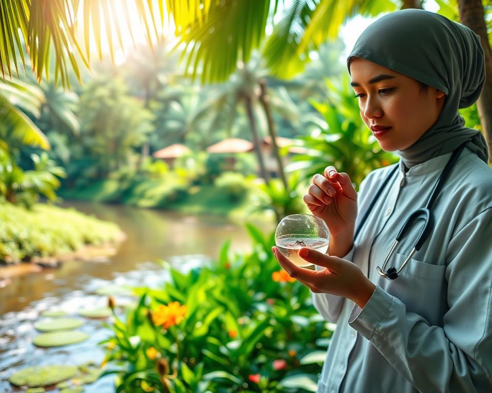 A serene tropical landscape in Indonesia, focusing on a lush green jungle with a gentle river flowing through it. In the foreground, a healthcare professional wearing modest professional attire, examining a sample of mosquito larvae in a petri dish, represents the malaria prophylaxis effort. The middle ground includes indigenous plants and colorful flowers, emphasizing the region's biodiversity. In the background, a soft-focus view of traditional Indonesian houses peeking through the trees, under a bright, clear blue sky with diffused sunlight filtering through the leaves, creating a warm, inviting atmosphere. The composition should convey a sense of hope and dedication toward combating malaria, highlighting the importance of prevention in this beautiful environment.