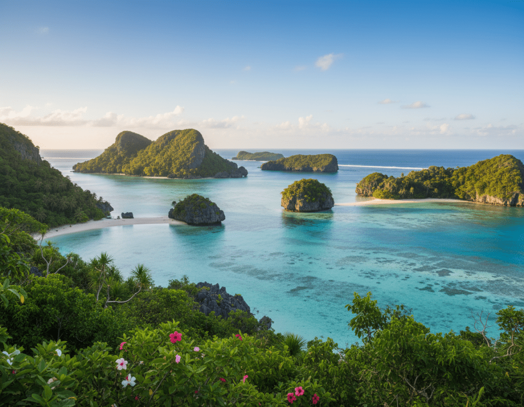 A serene, tropical landscape of the Palau Islands showcasing dramatic rock islands rising majestically from crystal-clear turquoise waters. In the foreground, lush green vegetation and vibrant tropical flowers frame the scene. The middle ground features scattered limestone formations and small sandy beaches inviting exploration. The background is a brilliant seascape under a clear blue sky, with soft, wispy clouds scattered above. The lighting is warm and inviting, suggesting late afternoon sun casting gentle shadows. The overall mood is tranquil and idyllic, evoking the beauty and allure of this remote paradise, perfect for adventure and relaxation. The composition is captured with a wide-angle lens to encompass the breathtaking landscape in a panoramic view without any human subjects or text.