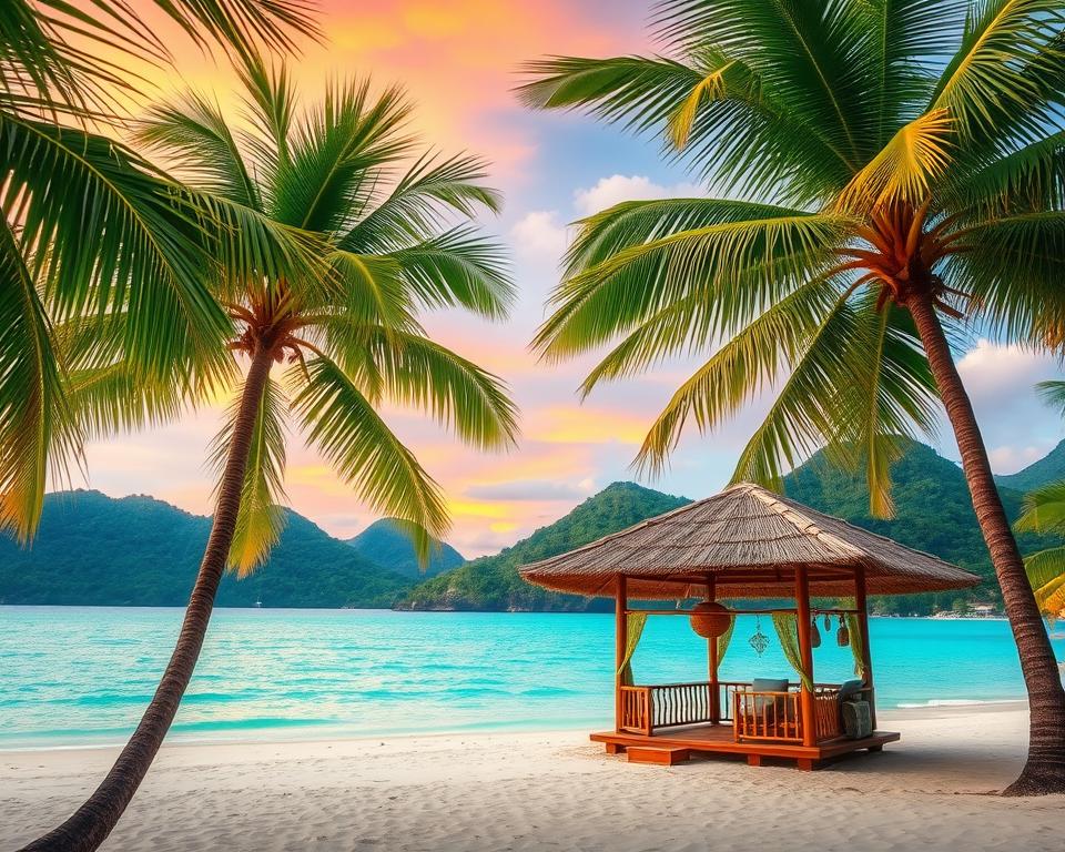A serene tropical landscape showcasing the beauty of Pulau Langkawi, Malaysia. In the foreground, lush green palm trees gently sway in the warm breeze, framing a pristine white sandy beach with crystal-clear turquoise waters. In the middle ground, a cozy, inviting beach hut made of bamboo and thatch sits under the shade of a large umbrella, adorned with traditional Malaysian decorative elements. In the background, lush verdant hills and a vibrant sunset sky painted in pastel hues of orange, pink, and purple create a tranquil atmosphere. The scene is illuminated with soft, golden hour lighting, casting a warm glow over the entire landscape. This image invites a sense of relaxation and adventure, ideal for travel enthusiasts seeking practical travel tips for their stay in Pulau Langkawi.