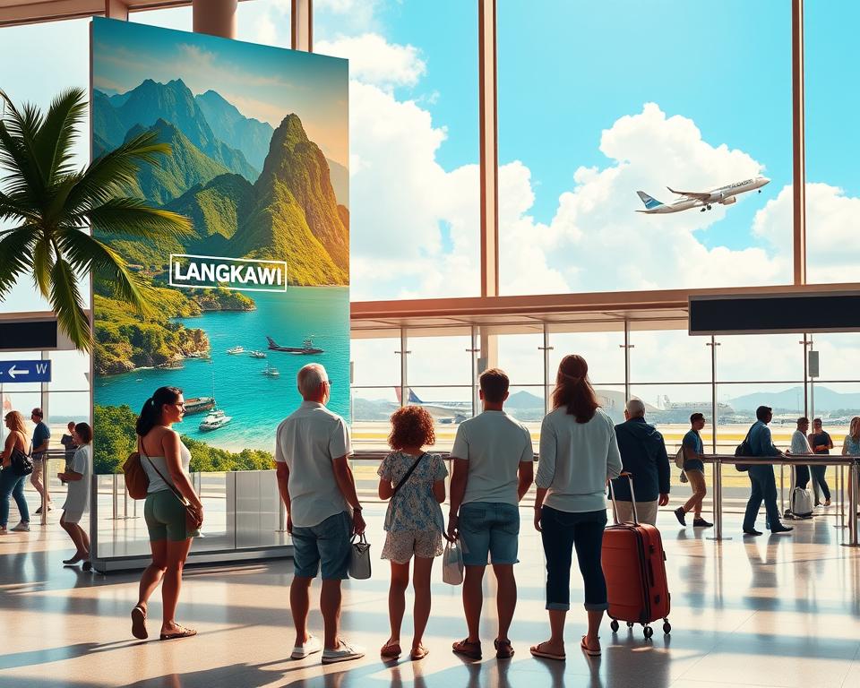 A serene tropical scene illustrating a journey to Langkawi Island from Germany. In the foreground, showcase a family of four dressed in casual, cheerful clothing, standing at an airport gate, gazing at a large, vibrant poster of Langkawi featuring lush green mountains and crystal-clear waters. The middle ground should depict a bustling airport with travelers moving about, modern amenities, and airplane silhouettes visible through large glass windows. In the background, a bright blue sky with fluffy white clouds over a distant view of an airplane taking off. The scene is bathed in warm, inviting light, conveying a sense of excitement and adventure. The atmosphere should be peaceful yet filled with anticipation for the tropical paradise ahead.