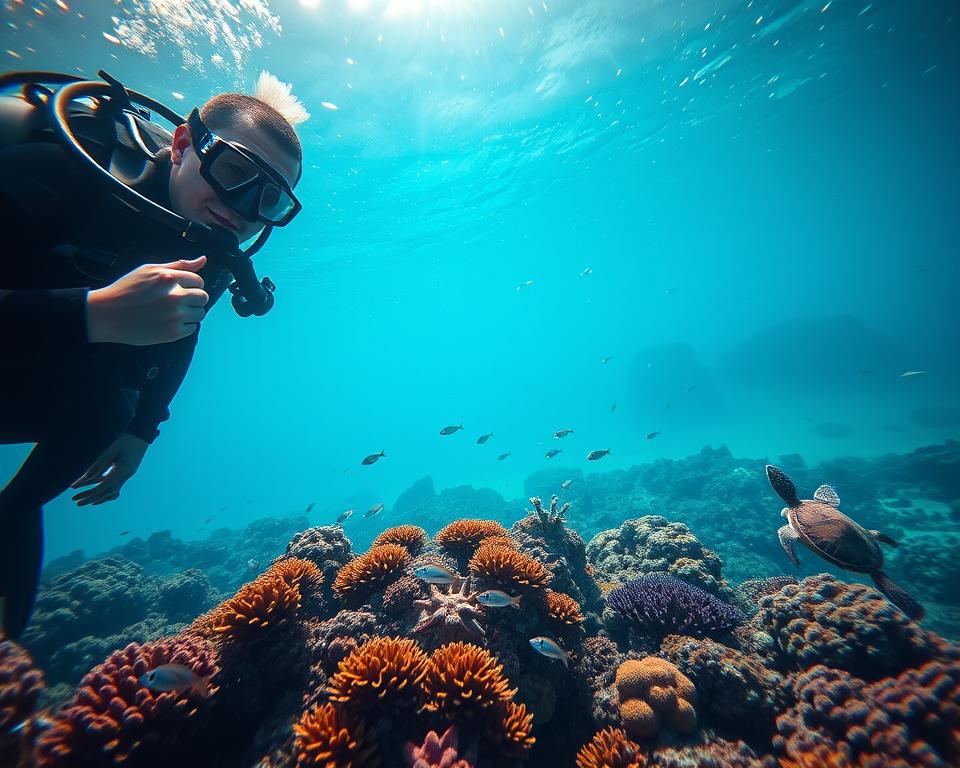 A serene underwater scene depicting safe diving practices in Thailand. In the foreground, a diver in professional diving gear, including a wetsuit, mask, and fins, is checking their dive equipment with a focused expression. Surrounding the diver are colorful coral reefs and a variety of marine life like small fish and sea turtles, illustrating the beauty and biodiversity beneath the surface. In the middle ground, the sunlight filters down from above, creating sparkling patterns on the ocean floor. In the background, distant rock formations hint at the underwater landscape. The lighting is bright and inviting, evoking a sense of calm and safety. The overall mood is educational and focused on safety, encouraging responsible diving practices in a stunning tropical environment. A serene underwater scene depicting safe diving practices in Thailand. In the foreground, a diver in professional diving gear, including a wetsuit, mask, and fins, is checking their dive equipment with a focused expression. Surrounding the diver are colorful coral reefs and a variety of marine life like small fish and sea turtles, illustrating the beauty and biodiversity beneath the surface. In the middle ground, the sunlight filters down from above, creating sparkling patterns on the ocean floor. In the background, distant rock formations hint at the underwater landscape. The lighting is bright and inviting, evoking a sense of calm and safety. The overall mood is educational and focused on safety, encouraging responsible diving practices in a stunning tropical environment.