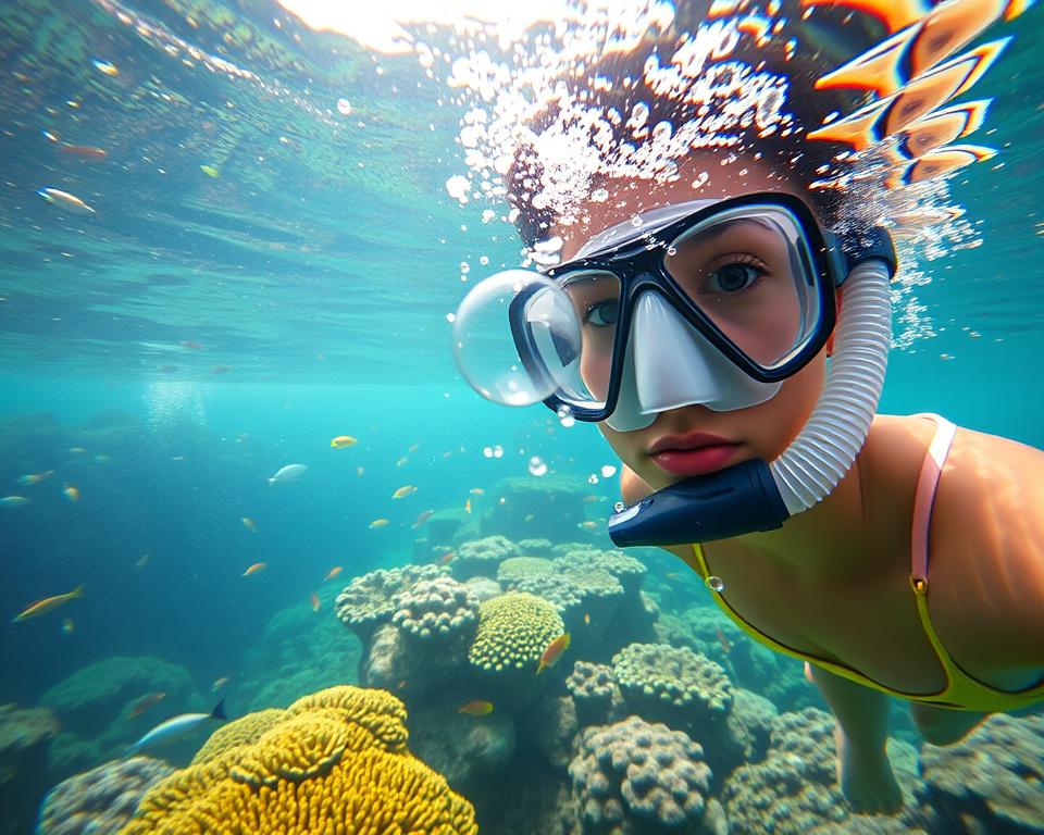 A serene underwater scene in Bali showcasing a beginner snorkeler, dressed in modest swimwear and a snorkeling mask, exploring a vibrant coral reef teeming with colorful tropical fish. In the foreground, the snorkeler's face, full of awe and curiosity, is visible through the clear water, air bubbles rising around them. The middle ground features bright corals and an array of marine life, with fish darting around the vibrant corals. The background reveals rays of sunlight piercing through the water, illuminating the scene with a warm, inviting glow. The overall atmosphere conveys a sense of discovery and tranquility, capturing the beauty of Bali's underwater world.