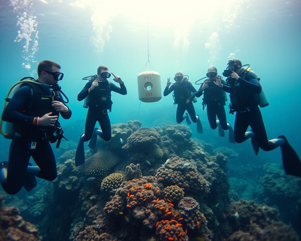 A serene underwater scene showcasing safe diving practices in Balinese waters. In the foreground, a group of four divers in professional diving gear, including wetsuits, masks, and fins, are seen checking their equipment and signaling to each other, emphasizing teamwork and safety. In the middle, vibrant coral reefs teeming with colorful fish illustrate the rich marine biodiversity of Bali, while a nearby dive buoy indicates safe diving zones. The background features gentle sunlight filtering through the water, creating a tranquil and inviting atmosphere. Use a wide-angle lens to capture the depth and clarity of the scene, ensuring details of marine life are highlighted. The overall mood is calm, safe, and educational, perfect for emphasizing diving safety in this beautiful undersea environment.