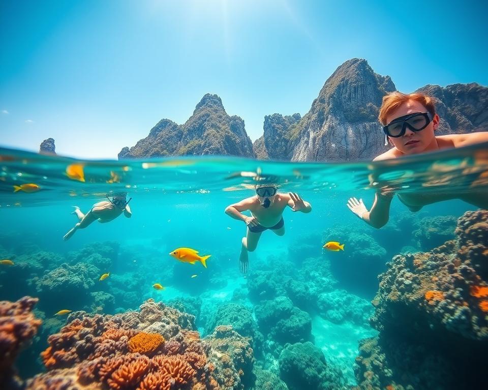 A serene underwater scene showcasing snorkeling in El Nido, Palawan, Philippines. In the foreground, a diverse group of snorkelers in modest swim attire explores vibrant coral reefs teeming with tropical fish in a clear, turquoise sea. The middle layer features colorful corals and marine life, with sunbeams penetrating the water's surface, illuminating the underwater scenery. In the background, the picturesque limestone cliffs of El Nido rise majestically against a bright blue sky, adding a stunning natural landscape. The atmosphere is tranquil and adventurous, capturing the beauty of this snorkeling hotspot. The lighting is bright and natural, with a focus on the intricate details of the underwater environment.