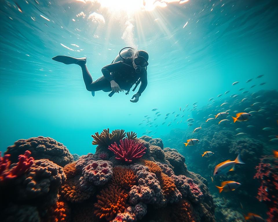 A serene underwater scene showcasing sustainable diving practices in Bali. In the foreground, a diver in modest, professional diving attire interacts gently with vibrant coral reefs, avoiding damage to the ecosystem. The middle ground features schools of colorful fish and unique marine life, thriving in their natural habitat, while the background captures a sunlit surface with rays of light filtering down through the azure water. The atmosphere is tranquil and educational, emphasizing the importance of marine conservation and the beauty of Bali's underwater world. Soft, diffused lighting highlights the vivid colors of the coral and fish, enhancing the sense of tranquility and respect for nature.