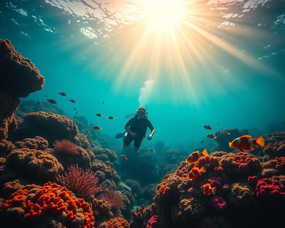 A serene underwater scene showcasing the vibrant coral reefs of Raja Ampat, Indonesia. In the foreground, a diverse array of colorful coral formations teeming with tropical fish, including clownfish and parrotfish. In the middle ground, a friendly diver in modest casual diving gear exploring the wonders of the reef, capturing the essence of underwater adventure. The background features the sun’s rays filtering through the water, creating a magical, dappled light effect that illuminates the underwater landscape. Encapsulating the tranquility and beauty of this diving paradise, the overall mood is inviting and peaceful, reflecting the idyllic allure of Raja Ampat's marine life and enchanting biodiversity.