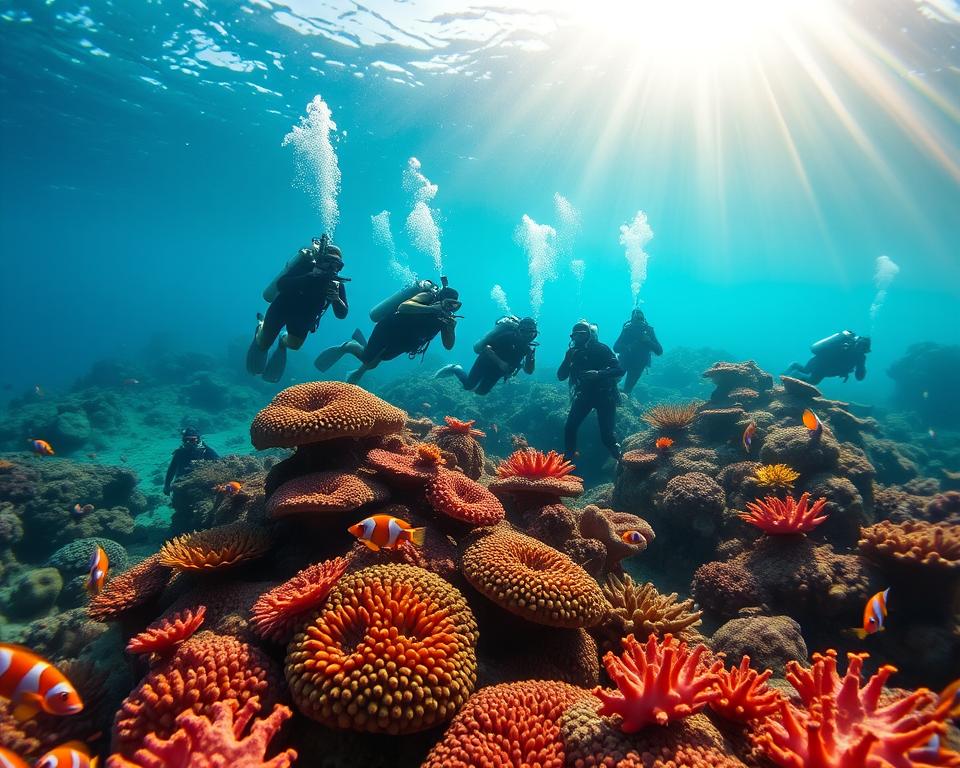 A serene underwater scene showcasing the vibrant marine life at Tauchspots in Komodo National Park. In the foreground, a group of skilled divers in modest wetsuits explores colorful coral reefs teeming with diverse fish species, such as clownfish and butterflyfish. The middle ground features gentle waves, hinting at a rich underwater ecosystem, while intricate corals create a mesmerizing tapestry of colors. In the background, the sun's rays penetrate the surface, casting a soft, golden light that illuminates the water and creates a calm, inviting atmosphere. The image captures the essence of water sports activities in this unique natural habitat, evoking a sense of adventure and tranquility within the breathtaking landscape of the Komodo National Park. A serene underwater scene showcasing the vibrant marine life at Tauchspots in Komodo National Park. In the foreground, a group of skilled divers in modest wetsuits explores colorful coral reefs teeming with diverse fish species, such as clownfish and butterflyfish. The middle ground features gentle waves, hinting at a rich underwater ecosystem, while intricate corals create a mesmerizing tapestry of colors. In the background, the sun's rays penetrate the surface, casting a soft, golden light that illuminates the water and creates a calm, inviting atmosphere. The image captures the essence of water sports activities in this unique natural habitat, evoking a sense of adventure and tranquility within the breathtaking landscape of the Komodo National Park.