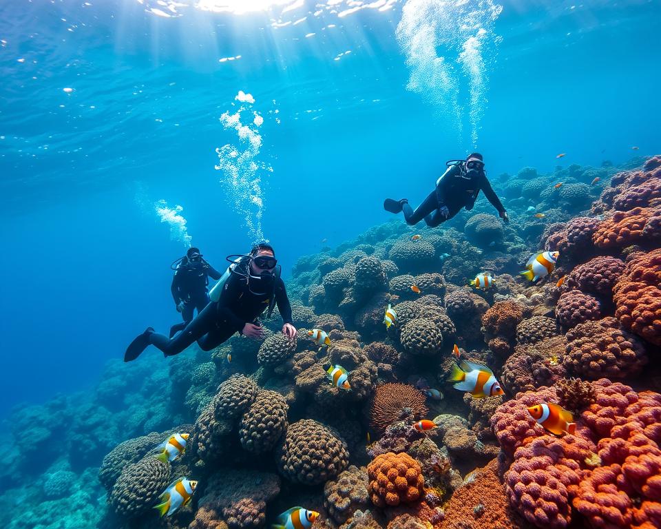 A serene underwater scene showcasing the vibrant marine life of the Great Barrier Reef. In the foreground, a group of divers in modest wetsuits, equipped with professional diving gear, explore a colorful coral reef teeming with tropical fish of various shapes and colors, such as clownfish and angelfish. In the middle ground, the coral formations display intricate patterns under dappled sunlight filtering down from the surface, creating a mosaic of colors. The background features the gentle undulations of the ocean, with rays of sunlight penetrating through the water, illuminating the scene and creating a tranquil, inviting atmosphere. The image captures the essence of adventure and safety in diving, emphasizing the beauty and diversity of one of the world's most renowned diving destinations.