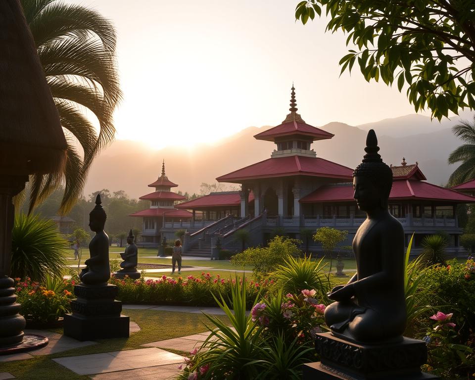 A serene view of Brahma Vihara Arama Buddhist Temple in Lovina, Indonesia, surrounded by lush tropical gardens. In the foreground, intricately carved stone statues of Buddhist deities and delicately arranged flowering plants offer a tranquil atmosphere. The middle ground features the temple's stunning architecture, characterized by traditional Balinese pagodas, vibrant red roofs, and ornate decorations. In the background, rolling hills are gently shrouded in mist under a warm golden sunrise, casting soft, diffused light over the scene. Capture this peaceful moment from a low angle to emphasize the grandeur of the temple, creating a sense of awe and reverence. The overall mood is calm and spiritual, inviting viewers to explore this cultural gem.