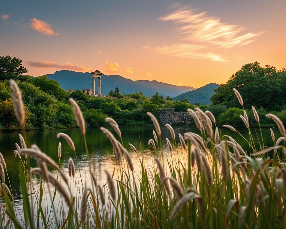 A serene view of Butrint National Park at dusk, showcasing a tranquil lagoon surrounded by lush greenery. In the foreground, delicate reeds sway gently in the water, reflecting soft pink and orange hues from the setting sun. The middle ground features ancient ruins partially hidden amidst vibrant foliage, hinting at the rich history of the park. Rising from the background, the dramatic landscape of distant hills is bathed in golden light, with wispy clouds scattered across the sky. The overall atmosphere conveys a sense of peaceful natural beauty, inviting exploration and appreciation of this hidden gem. Capture this scene with a wide-angle lens, emphasizing depth and harmony in the colors, while ensuring a soft focus effect enhances the serene mood.