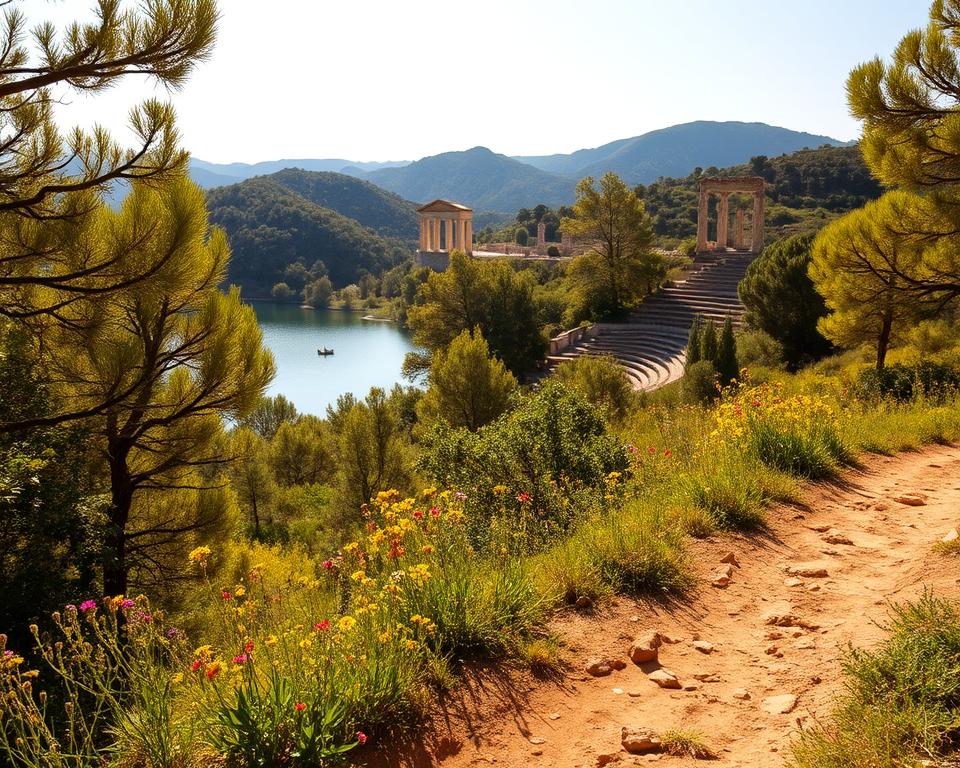 A serene view of Butrint National Park, showcasing a rich landscape filled with lush green trees and ancient ruins. In the foreground, a well-marked hiking trail invites visitors, bordered by wildflowers in vibrant colors. The middle ground features a picturesque lake reflecting the surrounding hills, with a small wooden boat gently floating. In the background, the remnants of historical structures, such as the amphitheater and old temples, peek through the trees, suggesting a blend of history and nature. The scene is bathed in warm, golden sunlight, casting soft shadows and creating a tranquil atmosphere. Use a wide-angle lens to capture the expansive beauty, framing the scene to evoke a sense of adventure and encourage visitors to explore this natural treasure.