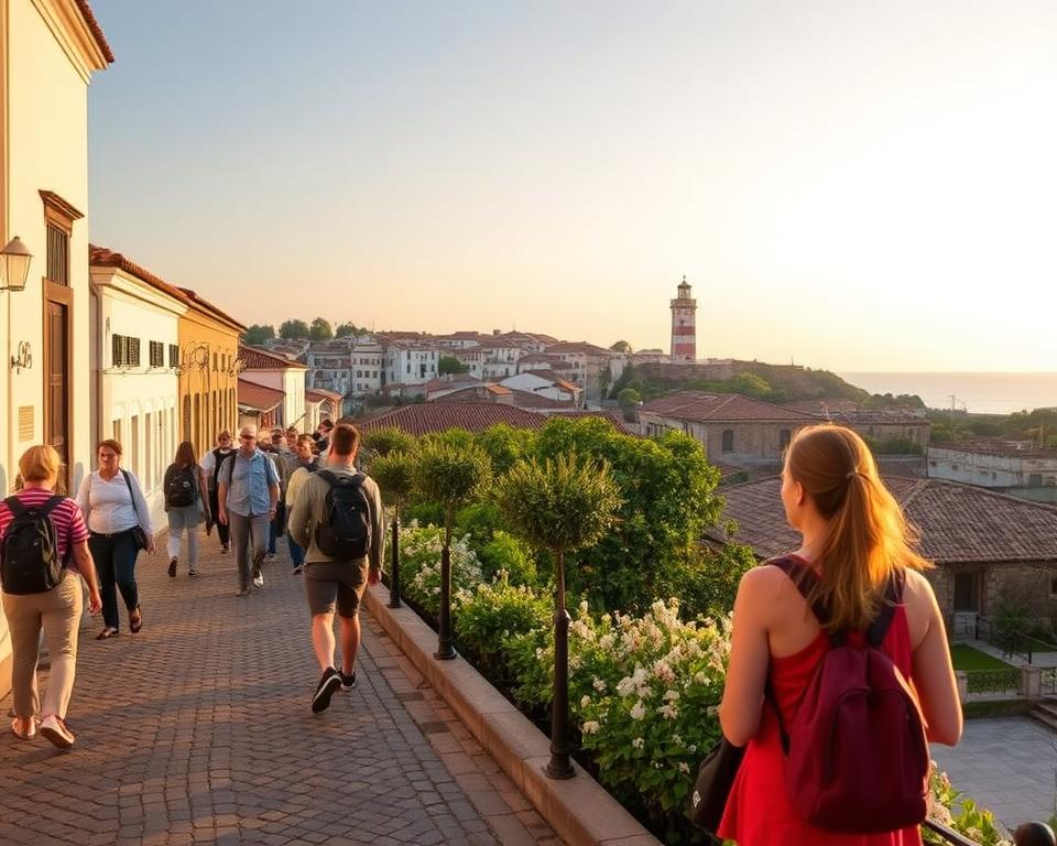 A serene view of Colonia del Sacramento, showcasing its charming cobblestone streets and iconic Portuguese and Spanish colonial architecture. In the foreground, a diverse group of travelers, dressed in modest casual clothing, engage in respectful exploration, capturing the essence of sustainable travel. The middle ground features lush greenery and blooming flowers, emphasizing the town’s commitment to environmental preservation. In the background, the tangled rooftops and the picturesque lighthouse stand against a soft sunset sky, bathing the scene in warm, golden light. The atmosphere is peaceful and inviting, reflecting a harmonious blend of culture and nature. The camera angle is slightly elevated, providing a panoramic view of the historical site, highlighting its unique beauty and cultural significance.