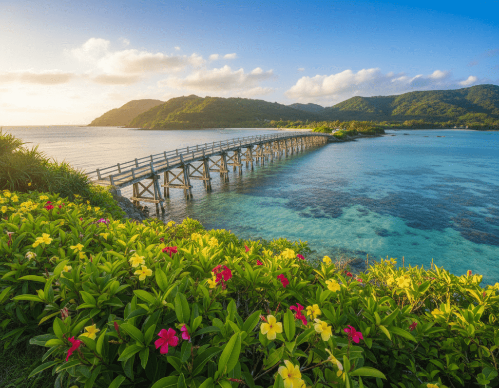 A serene view of Geruma Island, featuring a picturesque bridge connecting the island to its lush surroundings. In the foreground, vibrant tropical foliage with colorful flowers frames the bridge, inviting exploration. The middle ground showcases the elegant bridge itself, crafted of weathered wooden beams, arching gracefully over clear, turquoise waters. In the distance, soft green hills roll gently under a bright blue sky dotted with fluffy clouds. The sun casts a warm, golden light, creating a tranquil and inviting atmosphere. The scene captures the natural beauty and peaceful vibe of Aka Island, making it an idyllic holiday destination. Use a wide-angle lens for depth and clarity, emphasizing the harmonious blend of nature and architecture. A serene view of Geruma Island, featuring a picturesque bridge connecting the island to its lush surroundings. In the foreground, vibrant tropical foliage with colorful flowers frames the bridge, inviting exploration. The middle ground showcases the elegant bridge itself, crafted of weathered wooden beams, arching gracefully over clear, turquoise waters. In the distance, soft green hills roll gently under a bright blue sky dotted with fluffy clouds. The sun casts a warm, golden light, creating a tranquil and inviting atmosphere. The scene captures the natural beauty and peaceful vibe of Aka Island, making it an idyllic holiday destination. Use a wide-angle lens for depth and clarity, emphasizing the harmonious blend of nature and architecture.