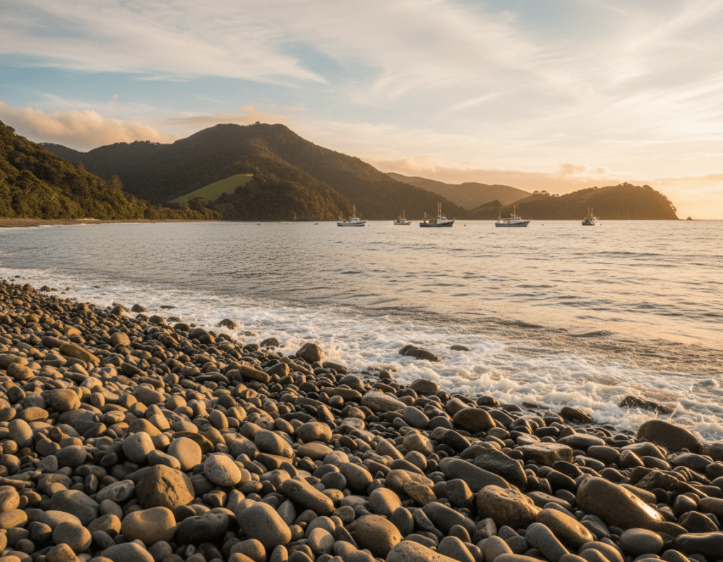 A serene view of Halfmoon Bay on Stewart Island, New Zealand, capturing the tranquil beauty of the coastline. In the foreground, smooth pebbles glisten under soft, warm sunlight filtering through wispy clouds. The midground features gentle waves lapping at the shore, with lush green hills rising majestically in the background, dotted with native bush. A few small boats are anchored peacefully, hinting at a quiet fishing community. The scene is bathed in golden hour lighting, casting a warm glow that enhances the vibrant colors of the landscape. The overall mood is calm and inviting, evoking a sense of exploration and relaxation in this picturesque coastal setting, viewed from a slightly elevated angle to capture depth. A serene view of Halfmoon Bay on Stewart Island, New Zealand, capturing the tranquil beauty of the coastline. In the foreground, smooth pebbles glisten under soft, warm sunlight filtering through wispy clouds. The midground features gentle waves lapping at the shore, with lush green hills rising majestically in the background, dotted with native bush. A few small boats are anchored peacefully, hinting at a quiet fishing community. The scene is bathed in golden hour lighting, casting a warm glow that enhances the vibrant colors of the landscape. The overall mood is calm and inviting, evoking a sense of exploration and relaxation in this picturesque coastal setting, viewed from a slightly elevated angle to capture depth.