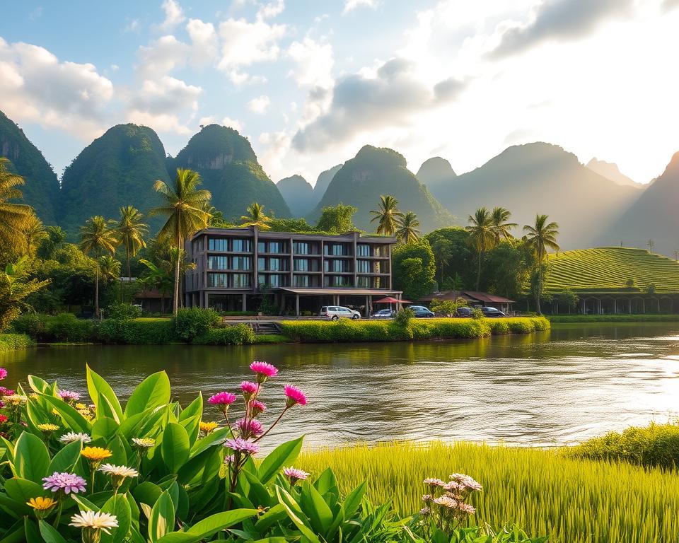 A serene view of Hotel Tam Coc nestled amidst the lush greenery of Vietnam's countryside, with picturesque limestone karsts in the background. In the foreground, a calm river reflects the hotel’s modern architecture, surrounded by vibrant tropical plants and blooming flowers. The middle ground captures the gentle slopes of rice paddies, glistening in soft morning sunlight. The overall atmosphere is tranquil and inviting, evoking a sense of peace and connection to nature. The scene is well-lit with warm sunlight filtering through clouds, creating an enchanting golden hue. The angle is slightly elevated, showcasing both the hotel and its stunning natural surroundings, emphasizing the beauty of this unique destination in Ninh Binh province.