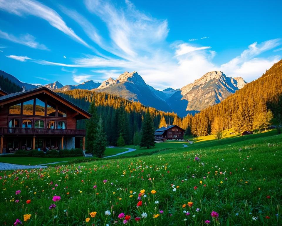 A serene view of Hotels Durmitor nestled within the picturesque Durmitor National Park in Montenegro. In the foreground, lush green meadows dotted with vibrant wildflowers; a cozy wooden hotel with a rustic charm showcases large windows reflecting the surrounding nature. The middle ground features dense pine forests leading to a winding path that invites exploration. In the background, majestic mountain peaks under a clear blue sky, with wisps of clouds casting soft shadows on the landscape. The warm, golden lighting evokes a peaceful morning ambiance, perfect for outdoor adventures. The scene is captured from a slightly elevated angle to showcase the harmony between hospitality and nature, creating an inviting atmosphere of adventure and tranquility.
