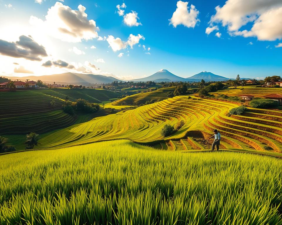 A serene view of Jatiluwih, Bali, showcasing its iconic rice terraces in vibrant green hues during the golden hour, with soft sunlight filtering through scattered clouds. In the foreground, lush rice paddies are intricately layered, reflecting the meticulous work of local farmers. The middle ground reveals farmers in modest casual attire tending to the fields, adding to the authentic cultural atmosphere. The background features rolling hills, dotted with traditional Balinese houses and the distant silhouette of Mount Batukaru under a clear blue sky. The overall mood is tranquil and inviting, capturing the natural beauty and harmony of this UNESCO World Heritage Site. Use wide-angle lens to emphasize the vast landscape, with rich, warm lighting to enhance the colors.