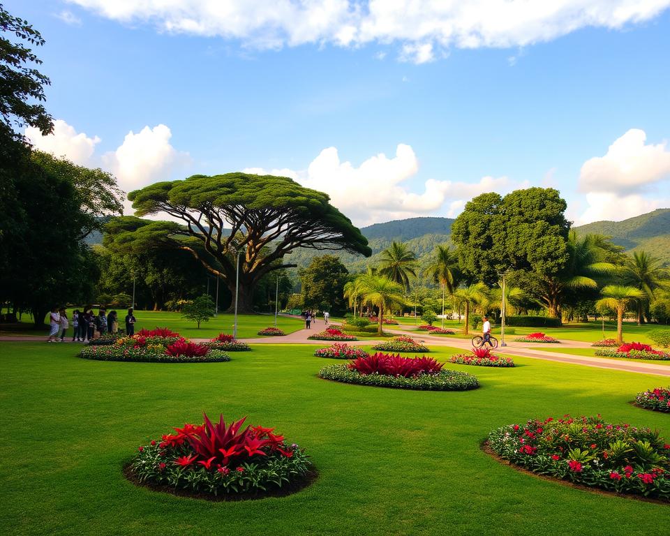 A serene view of Kebun Raya Bogor, the famous botanical garden in Bogor, Indonesia. In the foreground, lush green grass and vibrant flower beds showcasing a variety of tropical plants and flowers attract attention. The middle ground features majestic trees arching overhead, creating a natural canopy, while well-manicured pathways invite visitors to explore. In the background, the gently rolling hills of Bogor provide a picturesque backdrop under a clear blue sky with soft fluffy clouds. The lighting is warm and inviting, suggesting a late afternoon glow. Capture the tranquil and inviting atmosphere of this botanical paradise, symbolizing nature's beauty and serenity.