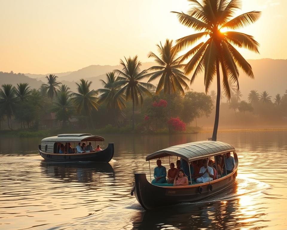 A serene view of Kerala's backwaters during the ideal travel season, showcasing lush greenery and tranquil waters. In the foreground, traditional houseboats glide smoothly on the reflective water surface, populated by modestly dressed travelers enjoying the scenic beauty. The middle ground features palm trees swaying gently, with vibrant bougainvillea adding splashes of color. In the background, misty hills rise under a warm, golden sunset, casting soft shadows across the landscape. The scene is illuminated by gentle, warm light, evoking a sense of peace and tranquility. Capture this idyllic moment with a wide-angle perspective, emphasizing the harmony of nature and culture.