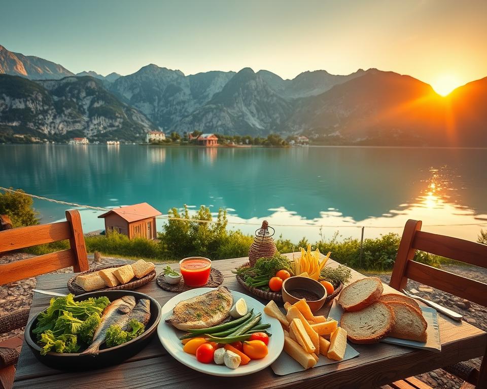 A serene view of Komani Lake in Albania during the golden hour, showcasing the stunning turquoise waters reflecting the surrounding rugged mountains. In the foreground, a rustic wooden table laden with traditional Albanian dishes, such as fresh grilled fish, organic vegetables, and homemade bread, invitingly arranged for a dining experience by the water. In the middle ground, lush greenery and quaint local houses can be seen, adding a touch of culture to the scenery. The background features the dramatic landscapes of the Albanian Alps under a warm, soft sunset, casting a calm and serene atmosphere. Use soft, natural lighting and a wide-angle lens to capture the expansive beauty of the landscape and the inviting setup at the water's edge.