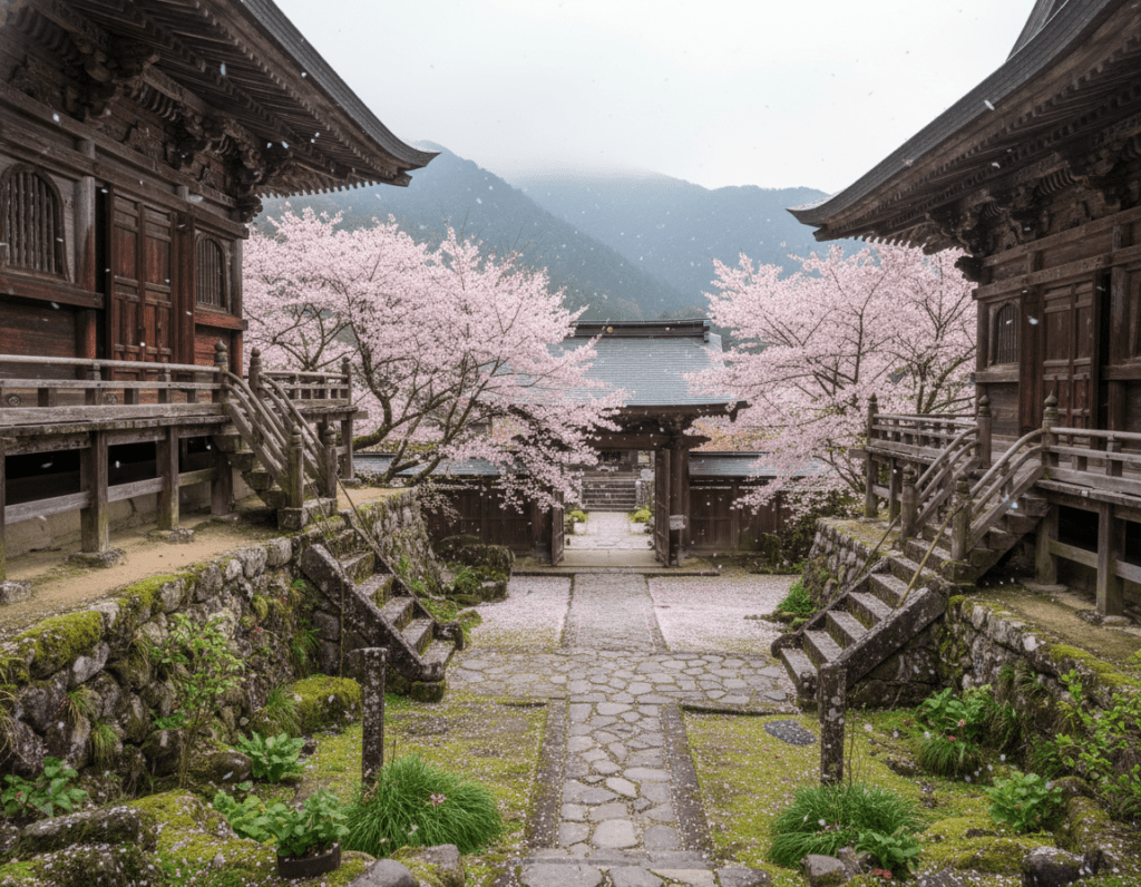 A serene view of Koyasan Temple, nestled in the tranquil mountains of Japan. In the foreground, intricate wooden structures adorned with ornate carvings, surrounded by lush greenery and moss-covered stones. In the middle ground, a peaceful path leads to the iconic temple entrance, framed by cherry blossom trees in full bloom, their pink petals gently falling. The background showcases misty, rolling mountains, creating a mystical atmosphere. The scene is illuminated by soft, diffused lighting, evoking a sense of calm and spirituality. Capture this image from a slightly elevated angle to emphasize the grandeur of the temple against the natural landscape, inviting viewers to experience the serene beauty of Koyasan.