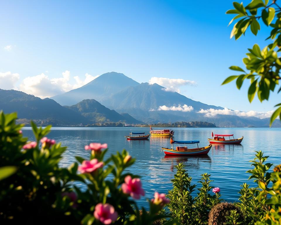 A serene view of Lago Atitlán in Guatemala during the best travel season, capturing the vibrant atmosphere of the region. In the foreground, include lush green foliage with flowering plants, subtly framing the lake. In the middle ground, depict traditional colorful boats gently bobbing on the tranquil waters, reflecting the surrounding landscape. The majestic volcanic mountains rise in the background, partially shrouded in wispy clouds, showcasing the natural beauty of the area. Soft, warm sunlight bathes the scene, casting gentle shadows and creating a peaceful ambiance. The composition should evoke a sense of tranquility and the spirit of exploration, inviting the viewer to immerse themselves in the enchanting allure of Lago Atitlán.