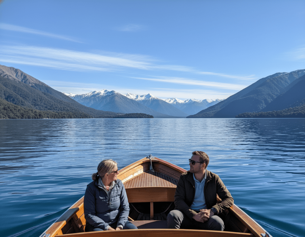 A serene view of Lake Manapouri in New Zealand, featuring a wooden boat gliding across the clear blue waters. In the foreground, the boat has a polished wooden hull, with a couple of tourists in casual attire enjoying the scenery. The middle ground showcases the tranquil lake with gentle ripples, surrounded by lush green hills reflecting in the water. In the background, majestic snow-capped mountains rise against a bright, crisp sky, with a few fluffy clouds drifting lazily by. The scene is illuminated by soft, natural daylight, creating a peaceful and inviting atmosphere. The composition captures the essence of travel to Doubtful Sound, emphasizing the journey over Lake Manapouri and the beauty of the surrounding landscape.