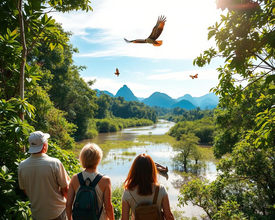 A serene view of Langkawi Island's lush tropical landscape, showcasing vibrant green forests and a diverse array of wildlife. In the foreground, a couple of eco-friendly tourists in modest casual clothing observe a majestic eagle soaring overhead, while a cluster of butterflies flutters nearby. The middle ground features a tranquil mangrove swamp with a wooden canoe, hinting at sustainable tourism. The background reveals distant limestone cliffs under a bright blue sky, dappled with soft, golden sunlight filtering through the leaves. The atmosphere feels peaceful and immersive, inviting viewers to experience nature’s beauty. Capture this scene with a wide-angle lens to emphasize the vastness of the landscape, enhancing the feeling of connection to nature.