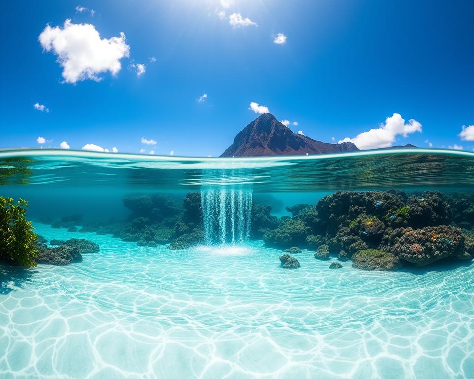 A serene view of Le Morne Laguna in Mauritius, showcasing the underwater waterfall effect, with shades of turquoise and deep blue swirling across the lagoon's surface. In the foreground, gentle waves lap against a pristine white sandy beach, framed by scattered lush green foliage. The middle ground features a vibrant underwater scene with cascading water creating a mesmerizing visual illusion, surrounded by colorful coral reefs inhabited by diverse tropical fish. In the background, the majestic Le Morne mountain rises dramatically under a bright, sunny sky with fluffy white clouds, casting soft reflections on the water surface. The scene is captured in soft, natural lighting with a wide-angle lens, conveying a tranquil and inviting atmosphere perfect for exploration and relaxation.
