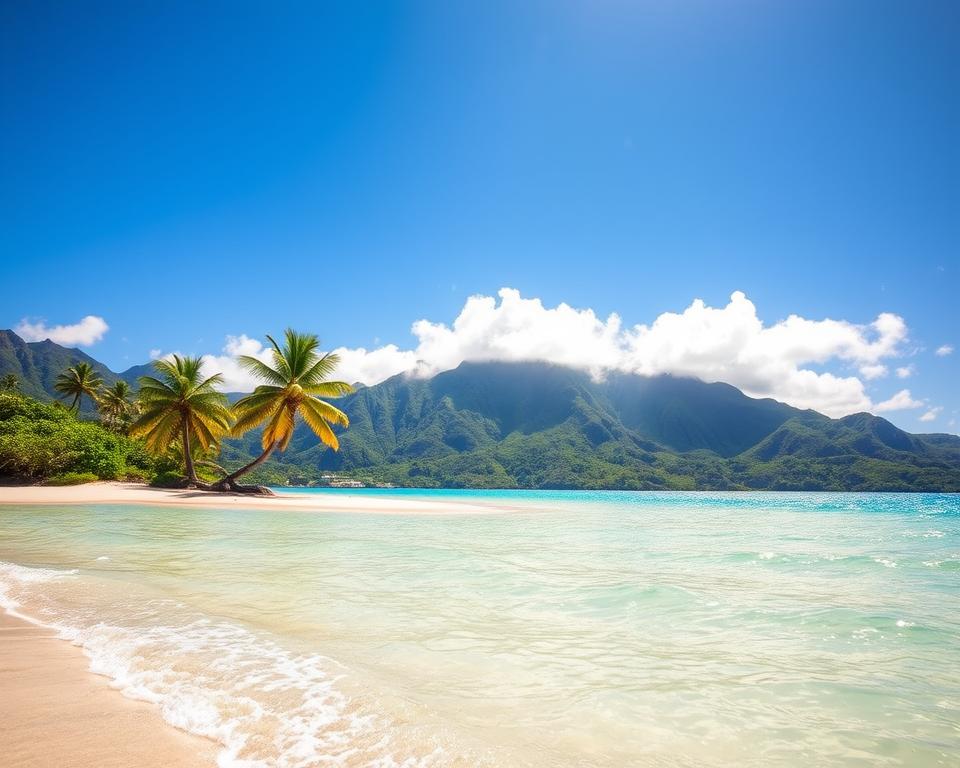 A serene view of Le Morne, Mauritius during the best travel season, showcasing lush green mountains under a brilliantly clear blue sky. In the foreground, gentle waves lap against the pristine white sandy beach, inviting relaxation. A few palm trees sway softly in the tropical breeze, casting playful shadows on the sand. In the middle ground, the iconic Le Morne Brabant mountain rises majestically, partially shrouded in soft white clouds, reflecting the vibrant sunlight. The background features the sparkling turquoise waters of the Indian Ocean, with hints of coral reefs visible through the clear water. The atmosphere is tranquil and inviting, evoking a sense of escape and discovery, illuminated by warm, golden sunlight. The scene is captured from a low angle to emphasize the grandeur of the landscape.