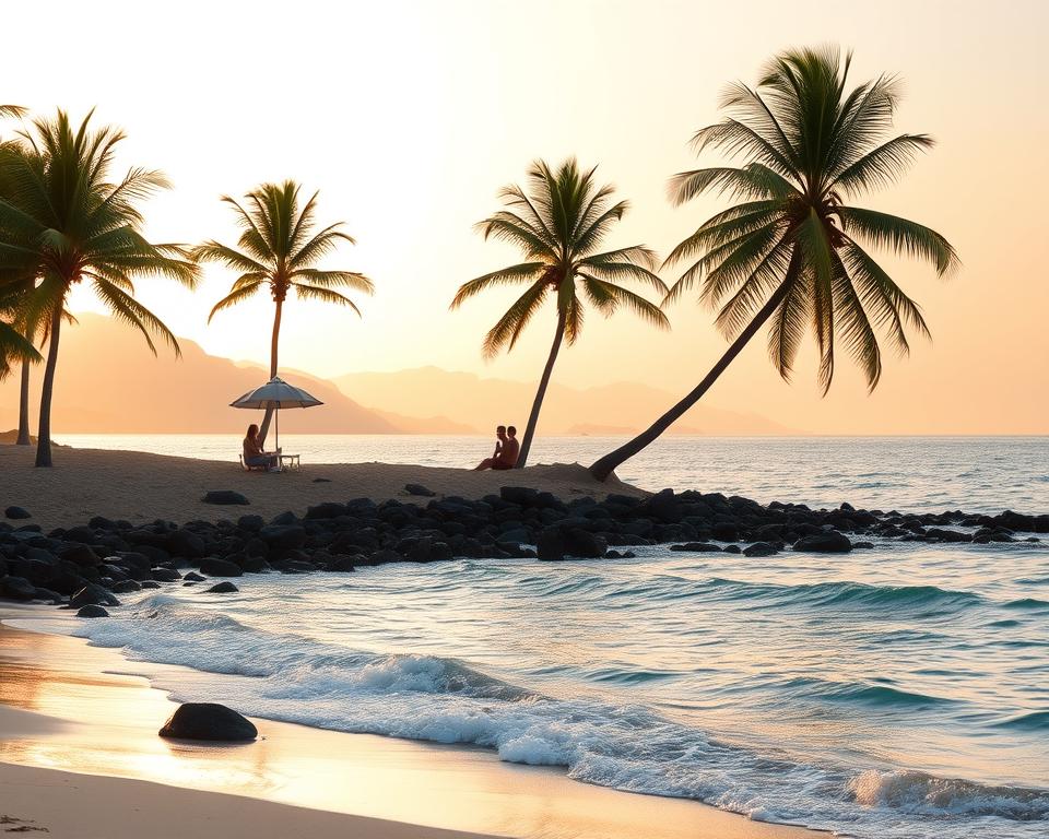 A serene view of Lovina Beach, Bali, at sunrise, showcasing soft golden sunlight reflecting on calm, turquoise waters. In the foreground, gentle waves lap at a pristine sandy shore dotted with smooth, dark volcanic stones. The middle section features lush palm trees swaying lightly in the breeze, framing a few modest beach umbrellas providing shade to a couple of people in casual summer attire enjoying the tranquility. In the background, hazy silhouettes of distant mountains rise against a warm, colorful sky, blending shades of orange, pink, and pastel blue. The atmosphere is peaceful and inviting, evoking feelings of relaxation and natural beauty. The scene is captured with a wide-angle lens, emphasizing the expansive beach and the harmonious connection between land and sea.