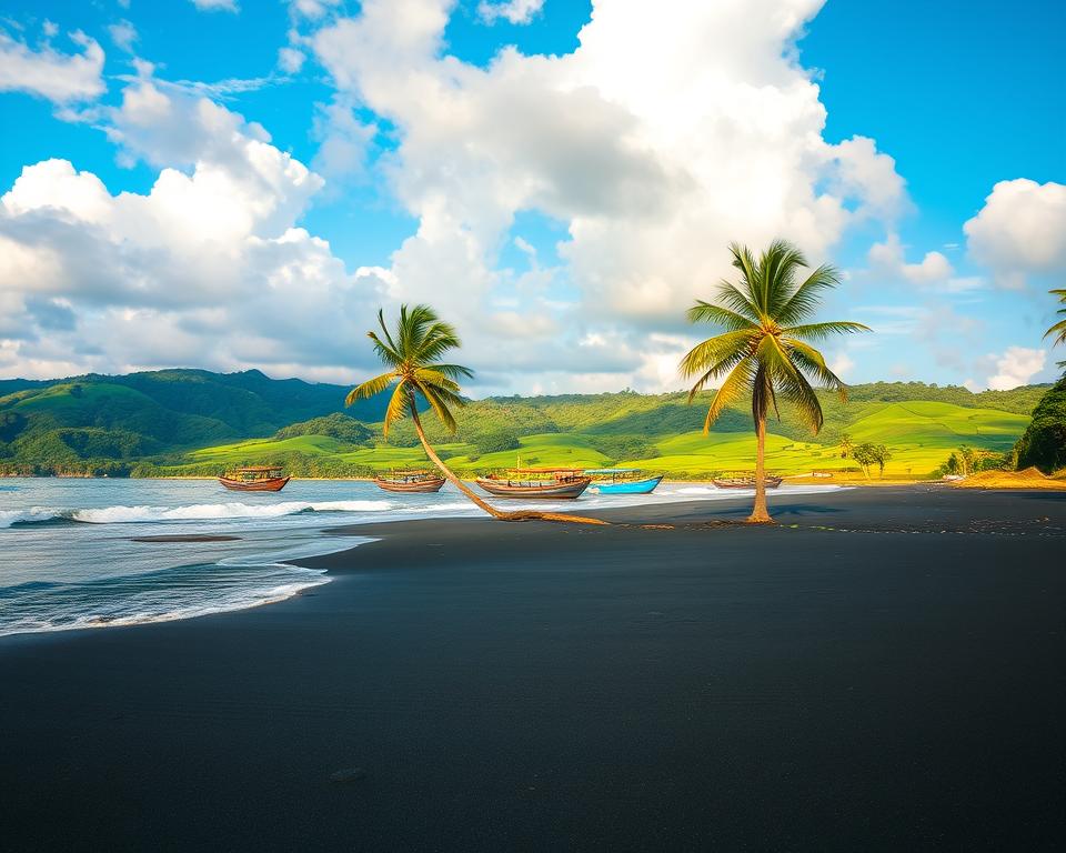 A serene view of Lovina on the northern coast of Bali, Indonesia, showcasing its picturesque landscape. In the foreground, gentle waves lap against a black sand beach, with a few smooth, rounded pebbles scattered along the shore. The middle ground features lush palm trees swaying softly in the tropical breeze, leading up to charming traditional Balinese fishing boats anchored near the coast. The background reveals rolling hills covered in vibrant green rice paddies, under a brilliant blue sky adorned with fluffy white clouds. The scene is bathed in the warm glow of golden hour, enhancing the tranquil atmosphere of this serene coastal region. Capture the vibrant colors and natural beauty, evoking a sense of peaceful exploration and appreciation for the unique geography of Lovina.