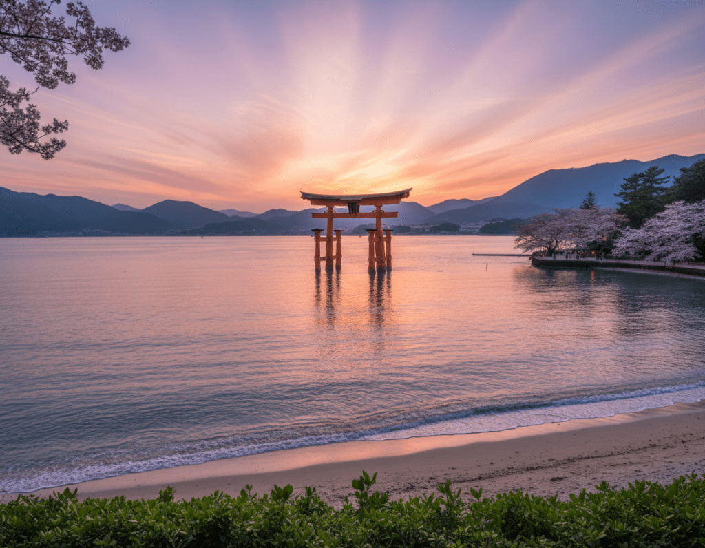 A serene view of Miyajima Island during sunset, focusing on the iconic floating Torii gate illuminated by warm golden light. In the foreground, gentle waves lap at the shore, with lush greenery framing the scene. In the middle ground, the striking red Torii gate stands majestically in the water, symbolizing the island's spiritual significance. Soft silhouettes of cherry blossom trees can be seen as they begin to bloom, adding a touch of delicate pink to the composition. The background features the island's rolling hills under a vibrant sky painted with hues of orange, pink, and purple, reflecting on the calm sea. The atmosphere is tranquil and magical, inviting contemplation and a sense of wonder. The perspective is slightly elevated, capturing a panoramic view of this sacred site.