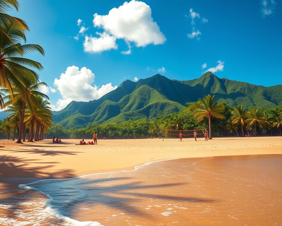 A serene view of Montezuma's beaches in Costa Rica, showcasing soft golden sands lined with lush palm trees. In the foreground, gentle waves lap against the shore, creating a tranquil ambiance. The middle ground features sunbathers in modest beach attire relaxing on colorful towels, while a small group of friends enjoys a beach volleyball game. In the background, vibrant green mountains rise majestically, partially shrouded by tropical foliage, under a bright blue sky dotted with fluffy white clouds. The image is illuminated by warm sunlight, evoking a sense of peace and relaxation. A wide-angle shot captures the expansive panorama of this tropical paradise, inviting viewers to imagine their dream vacation.