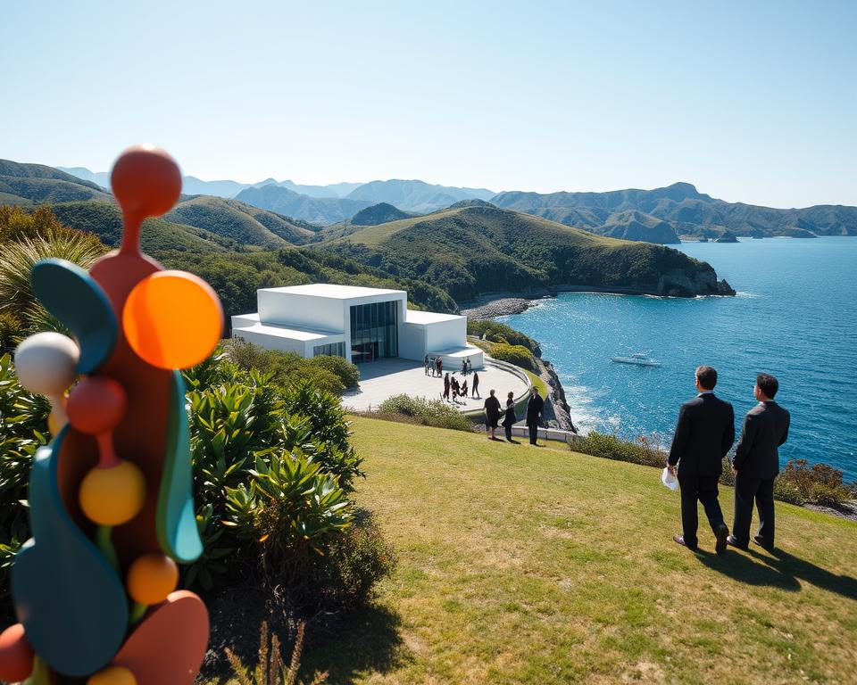 A serene view of Naoshima Island, Japan, showcasing its iconic art installations amidst lush greenery and tranquil coastal waters. In the foreground, a colorful outdoor sculpture catches the sunlight, featuring vibrant colors and organic shapes. The middle ground reveals the famous Chichu Art Museum, with its modern architecture harmonizing with the environment, while a handful of visitors in professional attire admire the art. The background features rolling hills and sparkling blue ocean under a clear sky, with soft sunlight casting gentle shadows. The scene radiates a peaceful and inspiring atmosphere, inviting exploration and appreciation of art in nature. Captured with a wide-angle lens to enhance the expansive beauty of the landscape, emphasizing the connection between art and the natural world.